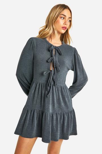 Rib Tie Front Smock Dress charcoal