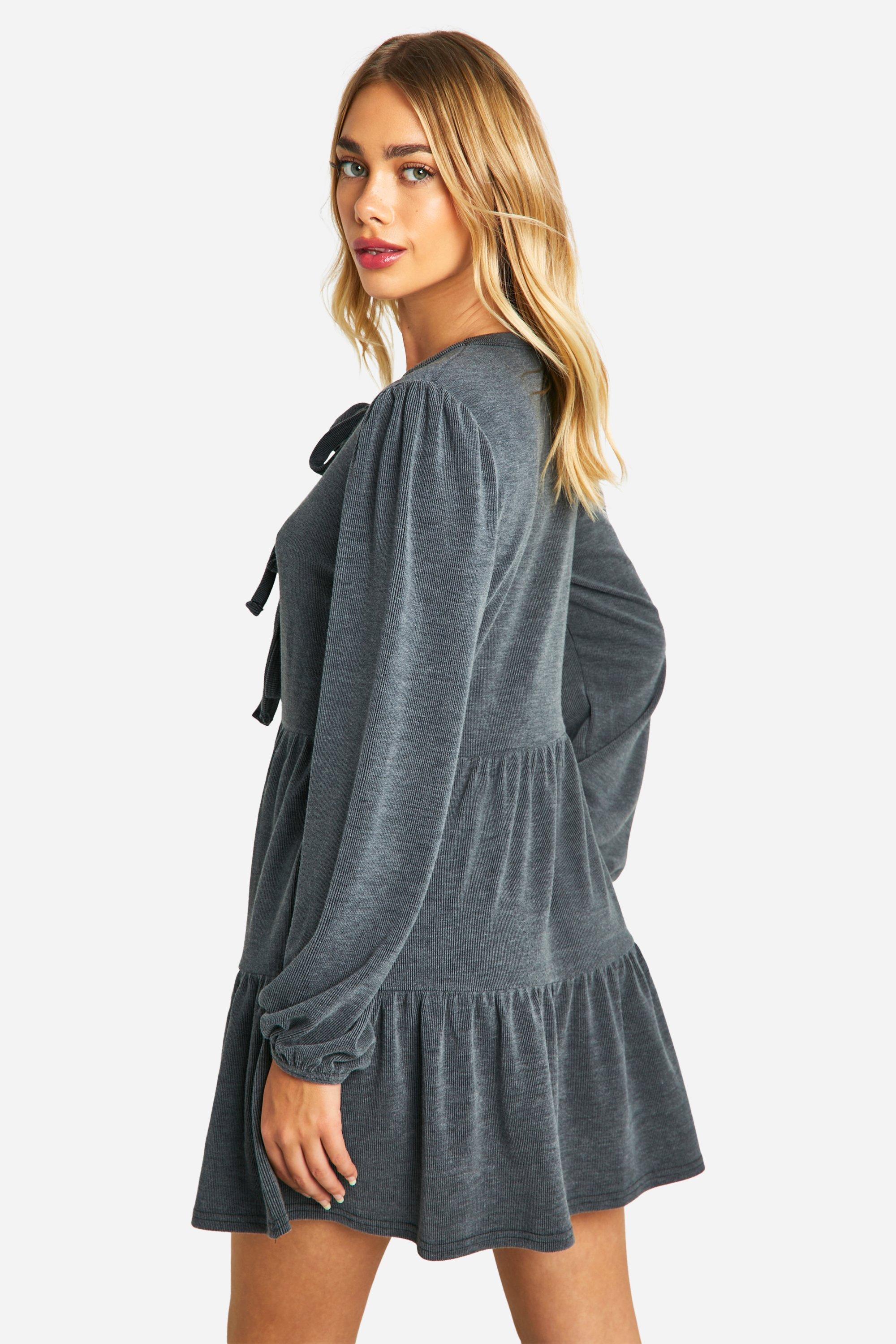 Rib Tie Front Smock Dress boohoo UK