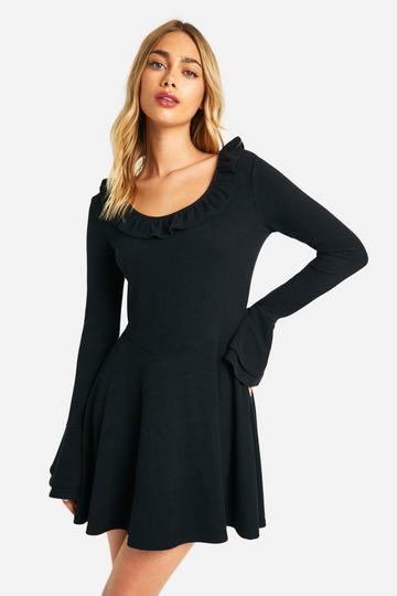 Rib Flare Sleeve Smock Dress black