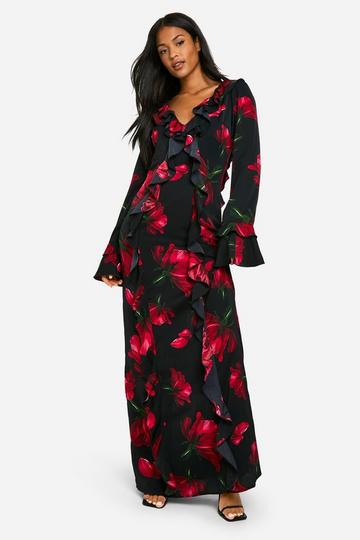 Tall Chiffon Bloemen Maxi Jurk Met Ruches black