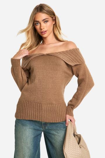 Oversized Bardot Knitted Collar Jumper mocha