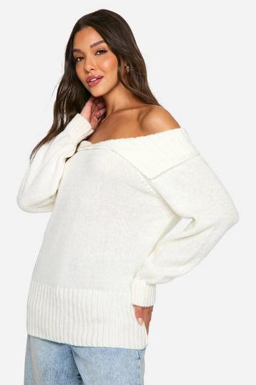 Oversized Trui Met Uitgesneden Hals En Gebreide Kraag ivory