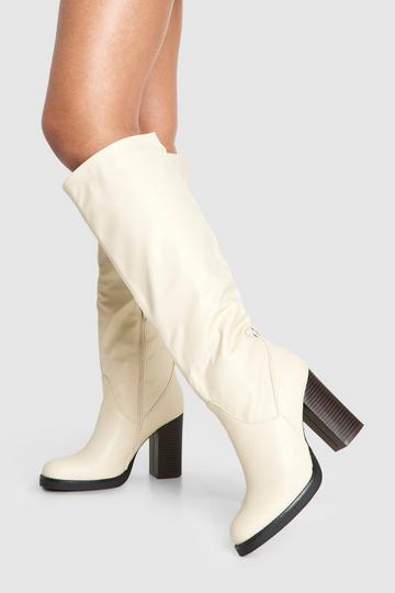 Beige Knee High Stacked Heeled Boot