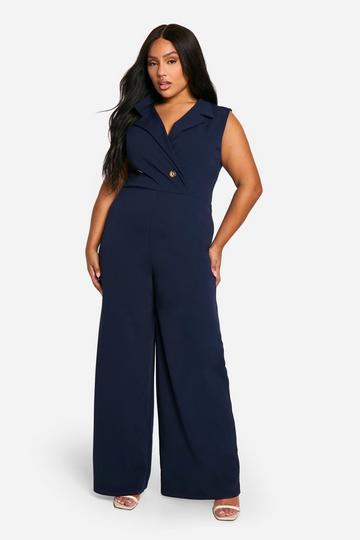 Plus Wide Leg Wikkel Jumpsuit Met Jas navy