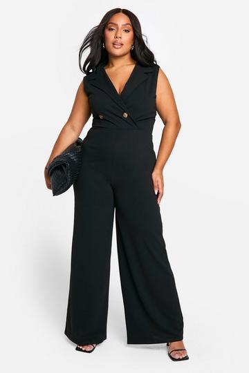 Plus Wrap Over Waist Coat Wide Leg Jumpsuit black