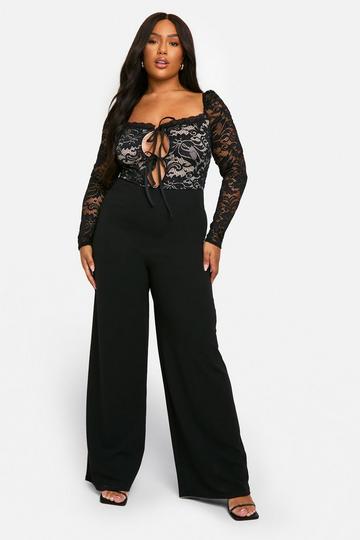 Plus Lace Tie Front Wide Leg Jumpsuit black