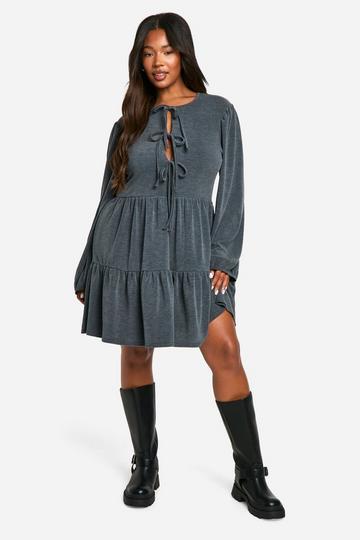 Plus Two Tone Rib Tie Front Smock Dress grey