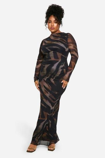 Plus Animal Print Low Back Maxi Dress brown