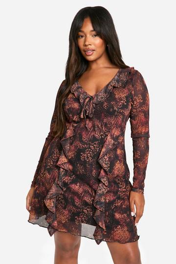 Plus Animal Print Ruffle Shift Dress brown