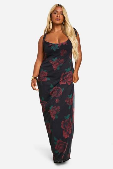 Plus Mesh Rose Floral Tie Cowl Neck Maxi Dress black