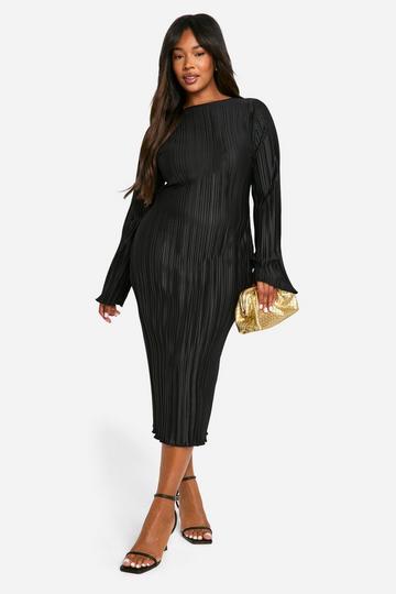 Plus Plisse Flared Sleeve Low Back Column Midi Dress black