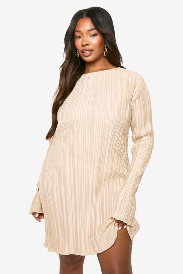 Champagne Beige Plus Plisse Cowl Back Shift Dress