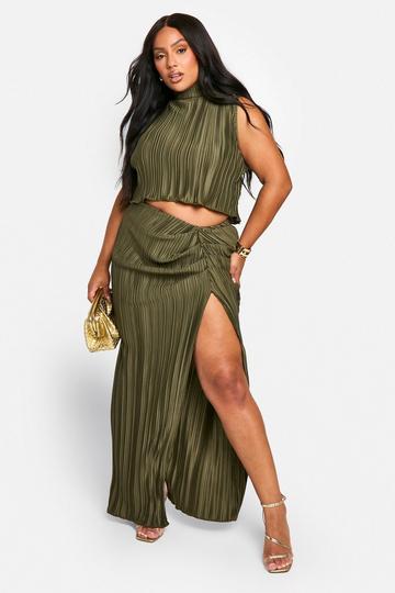 Plus Plisse Top En Geplooide Maxi Rok Set khaki