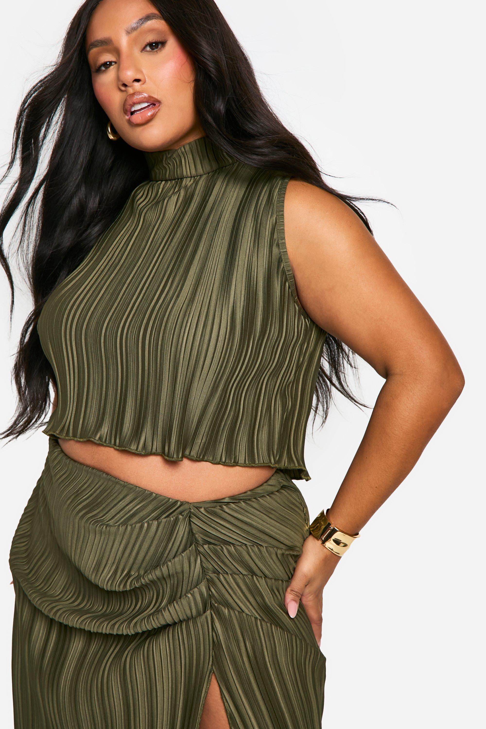 boohoo Plus Plisse Top Ruched Maxi Skirt Two Piece Green Size 18