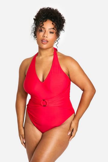 Red Plus O Ring Detail Tummy Control Swimsuit