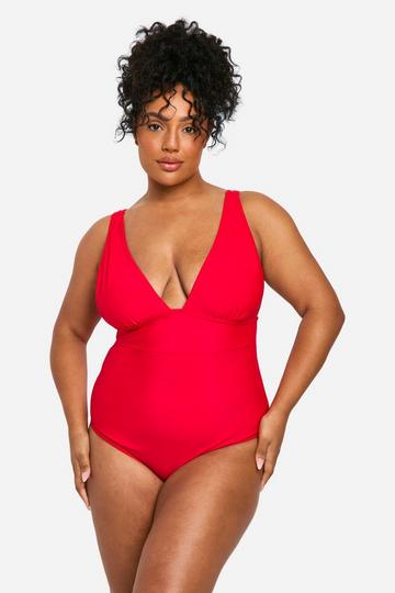 Plus Tummy Control Plunge Swimsuit red