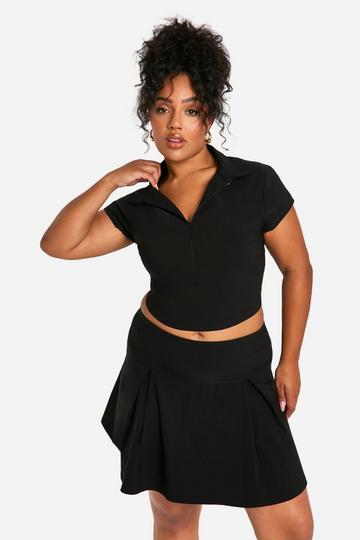 Black Plus Bengaline Collared Zip Up Top And Pleated Skirt Set