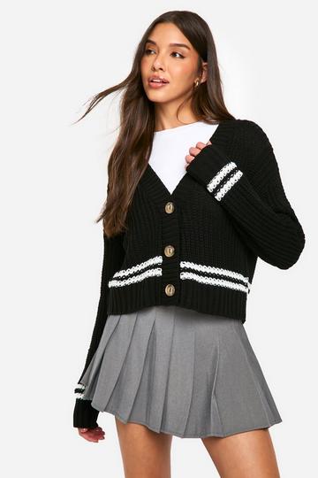 Stripe Detail Chunky Knitted Cardigan black