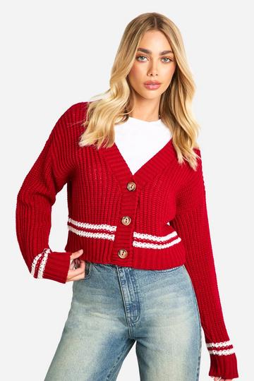 Stripe Detail Chunky Knitted Cardigan red