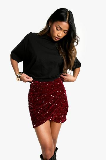 Velvet Sequin Ruched Mini Skirt merlot