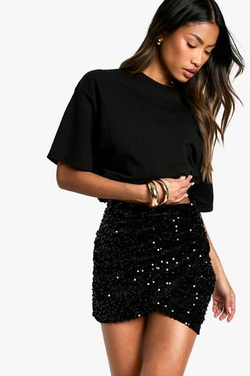 Velvet Sequin Ruched Mini Skirt black