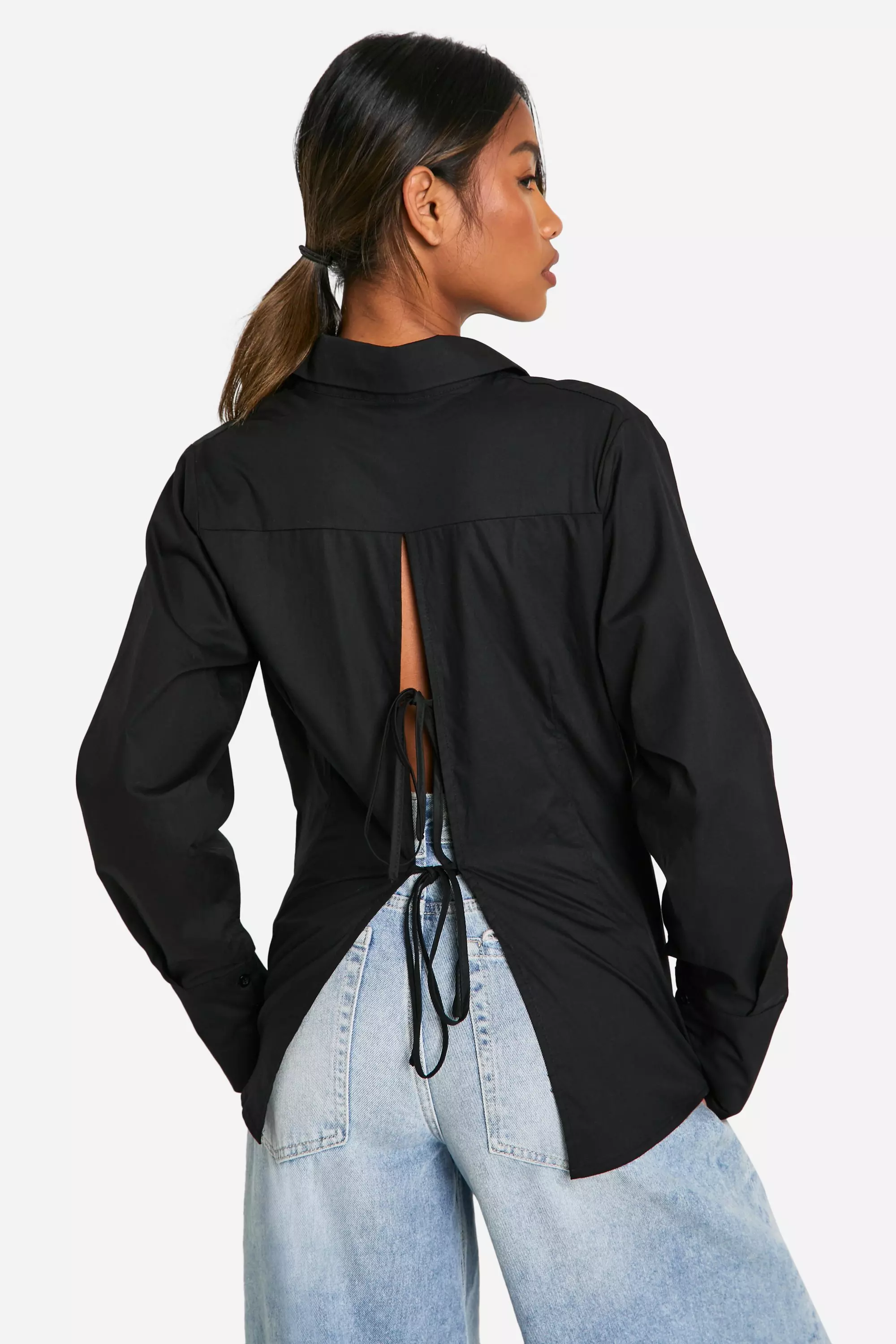 Black Tie Back Deep Cuff Poplin Shirt  صورة بديلة