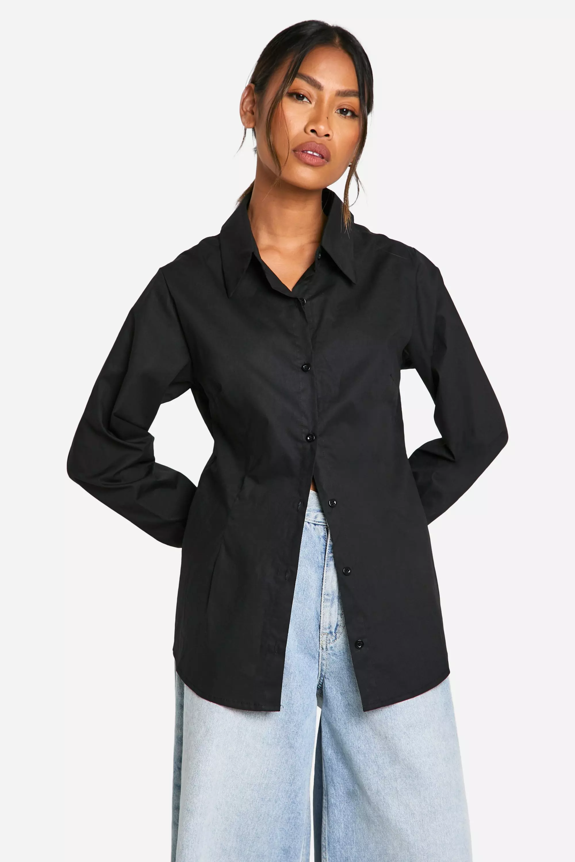 Black Tie Back Deep Cuff Poplin Shirt  صورة بديلة