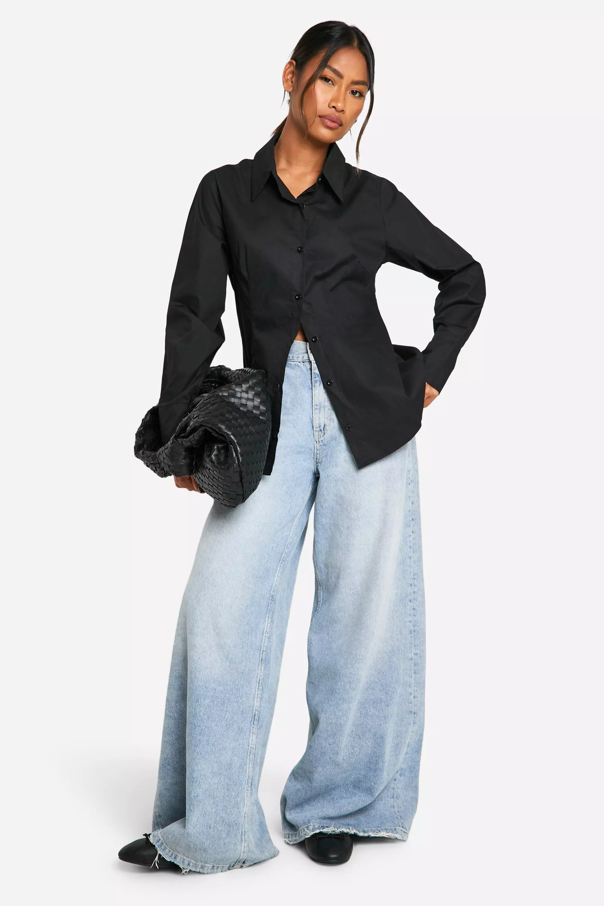 Black Tie Back Deep Cuff Poplin Shirt  صورة بديلة