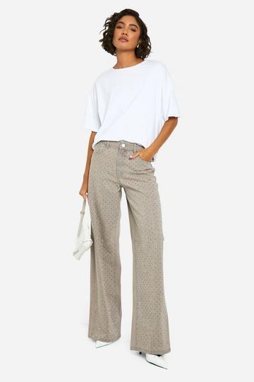 Tall Versierde Wide Leg Jeans Met Steentjes mid grey