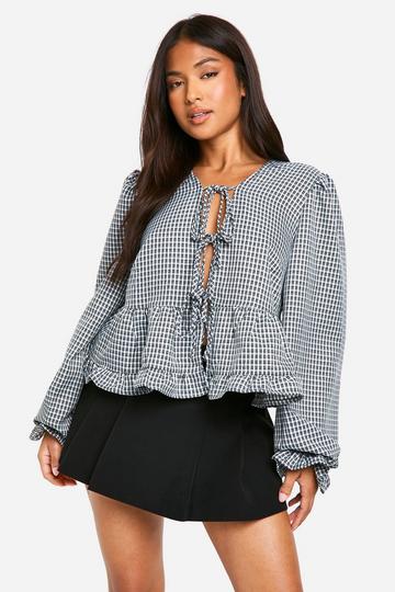 Petite Check Ruffle Tie Front Top black