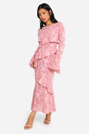 Rose Pink Petite Jacquard Floral Ruffle Midaxi Dress