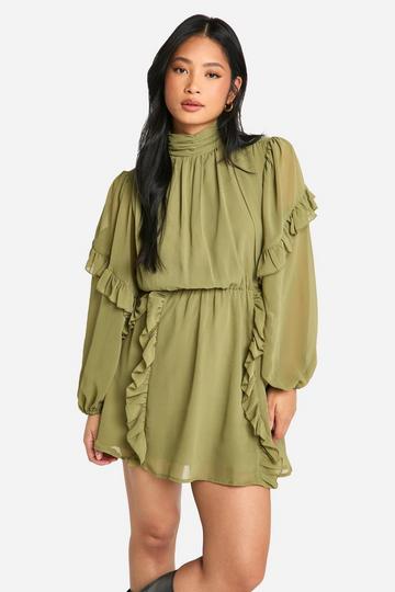 Olive Green Petite Chiffon High Neck Ruffle Skater Dress