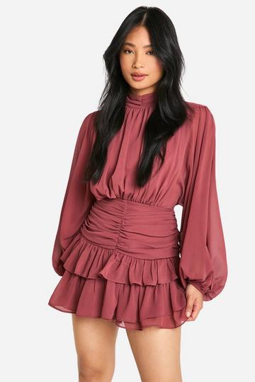 Petite Chiffon High Neck Ruched Skater Dress blush