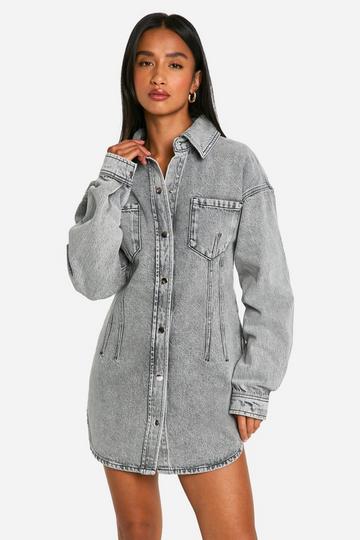 Petite Seam Detail Fitted Denim Shirt Dress grey