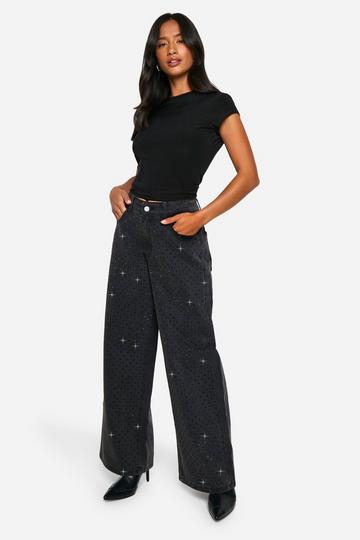 Petite Versierde Wide Leg Jeans Met Steentjes black