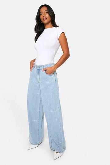 Petite Versierde Wide Leg Jeans Met Steentjes pale blue