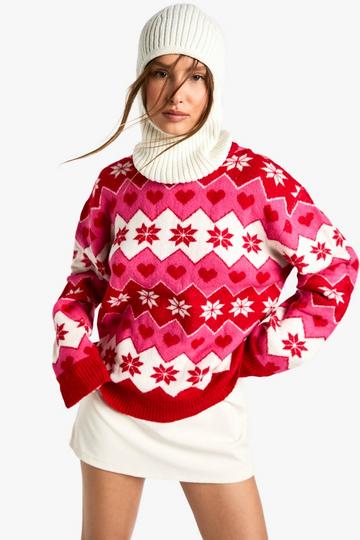 Christmas Fairisle Heart Knitted Jumper red