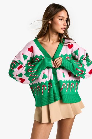 Christmas Heart Fairisle Knitted Cardigan green