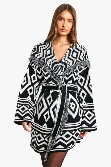 Black Knitted Aztec Longline Belted Cardigan