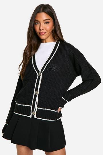 Fisherman Knitted Contrast Piping Cardigan black