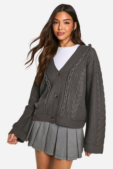 Cable Knitted V Neck Cardigan charcoal