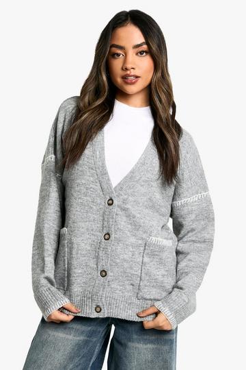 Contrast Stitch Detail Pocket Cardigan grey marl