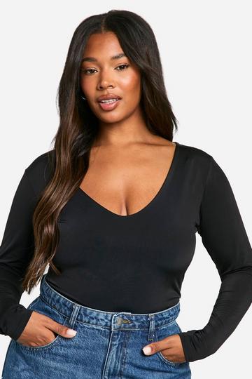 Plus Strakke Bodysuit Met Dubbele Lagen En Laag Decolleté black