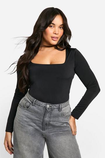 Boohoo Basics Plus Double Layer Slinky Square Neck Bodysuit black