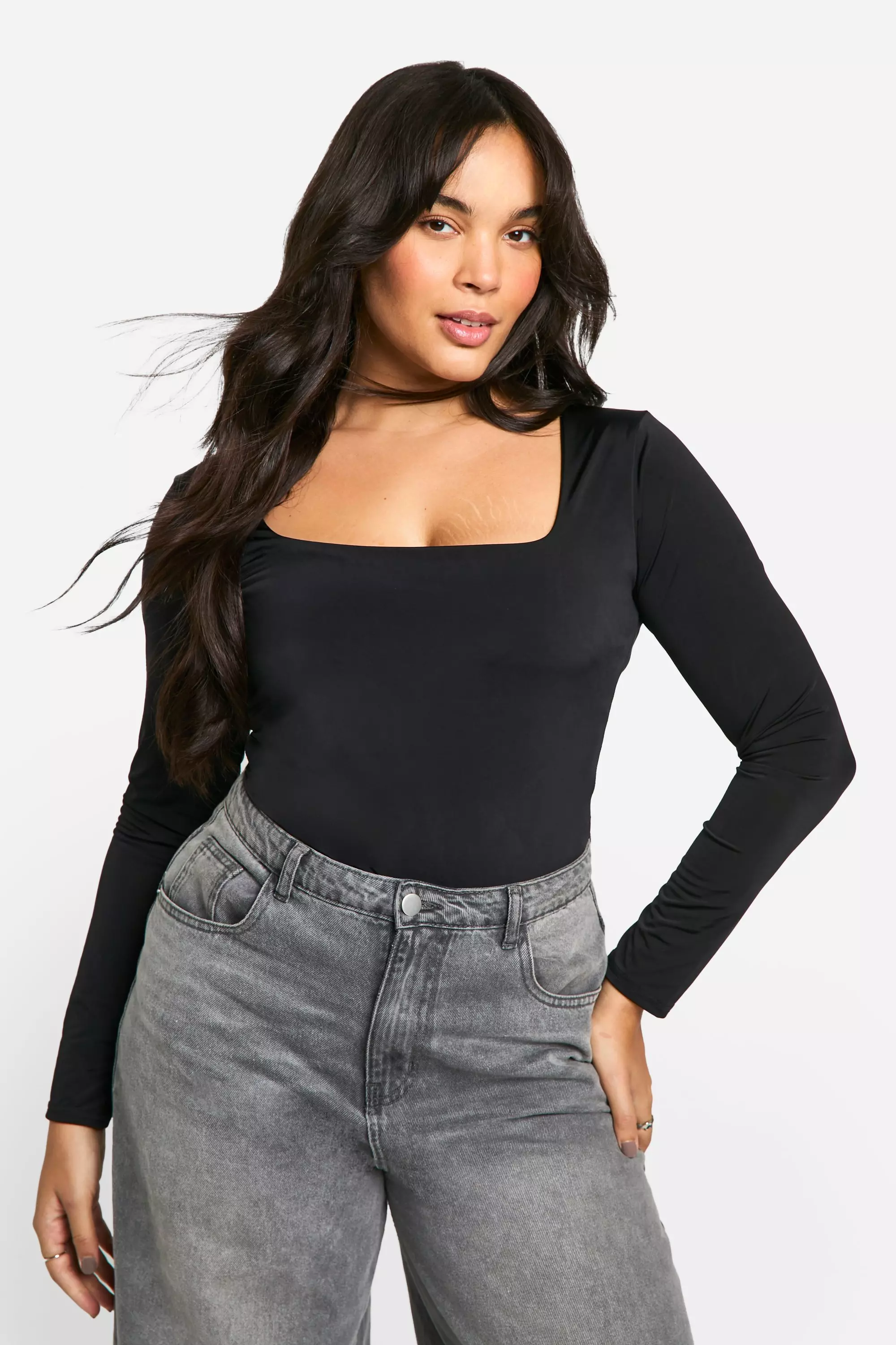 Black Plus Double Layer Slinky Square Neck Bodysuit alternative image