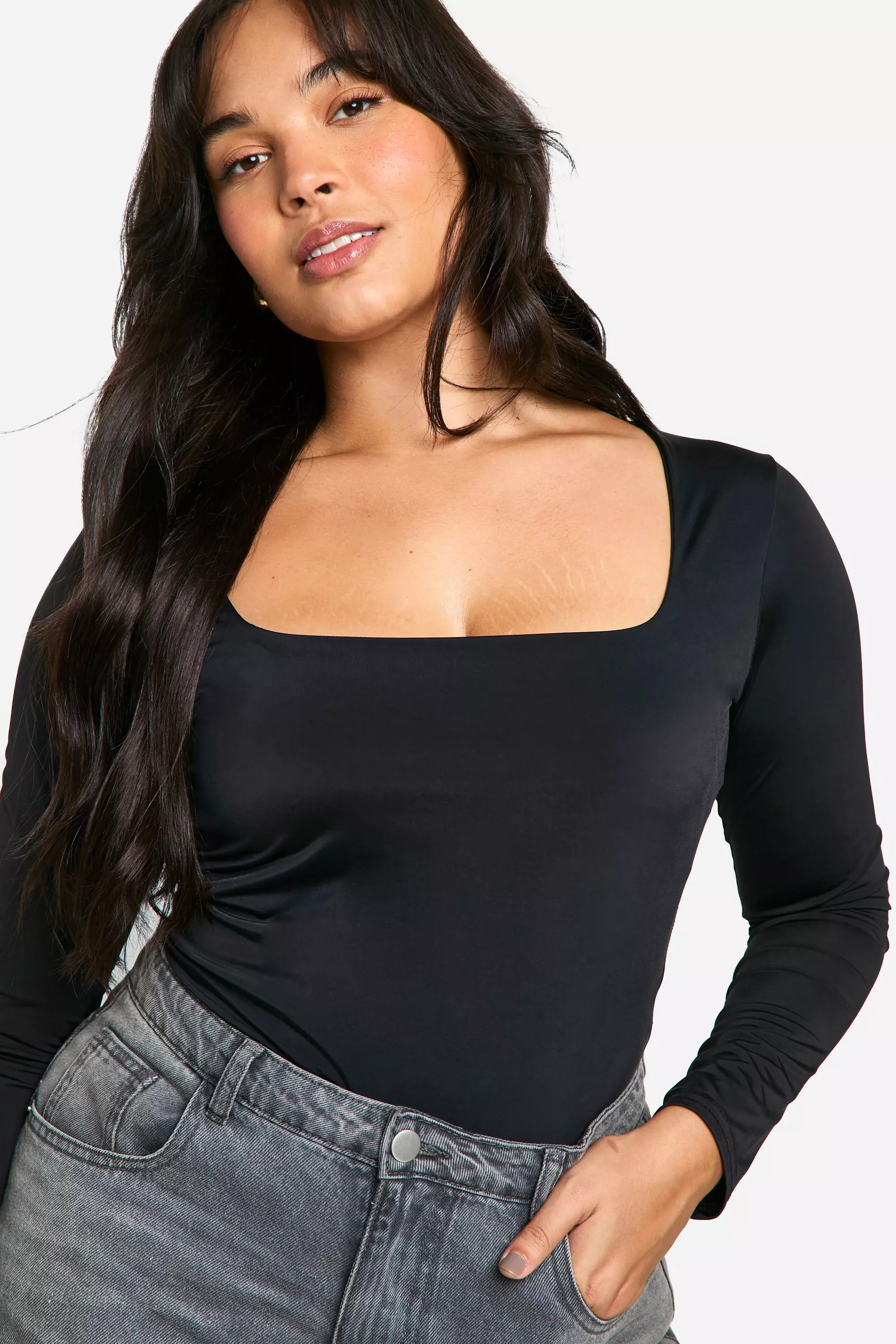 Black Plus Double Layer Slinky Square Neck Bodysuit alternative image