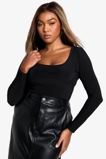 Plus Double Layer Slinky Crew Neck Bodysuit black