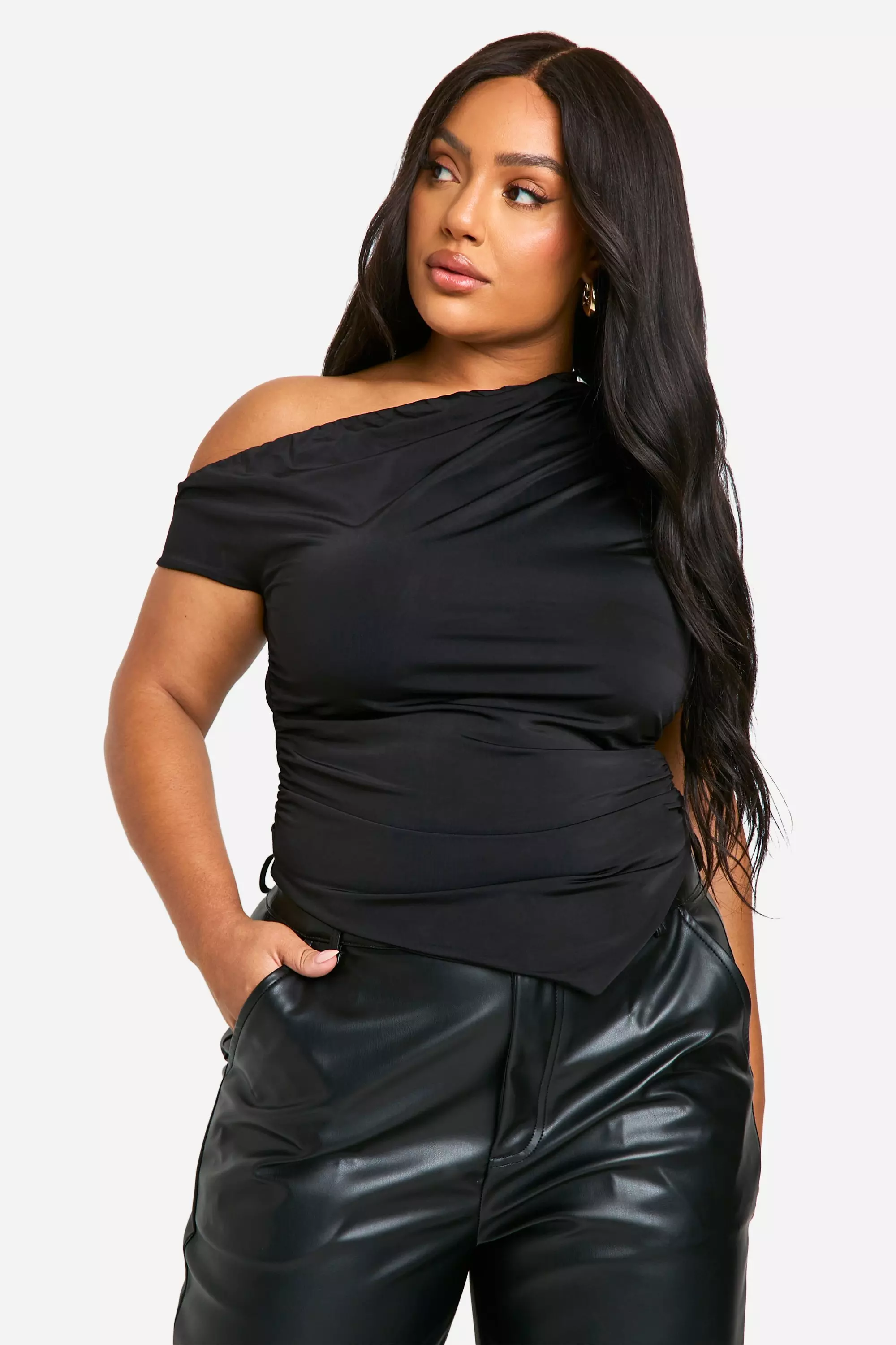 Black Plus Double Slinky Asymmetric Neckline Pointed Hem Top alternative image