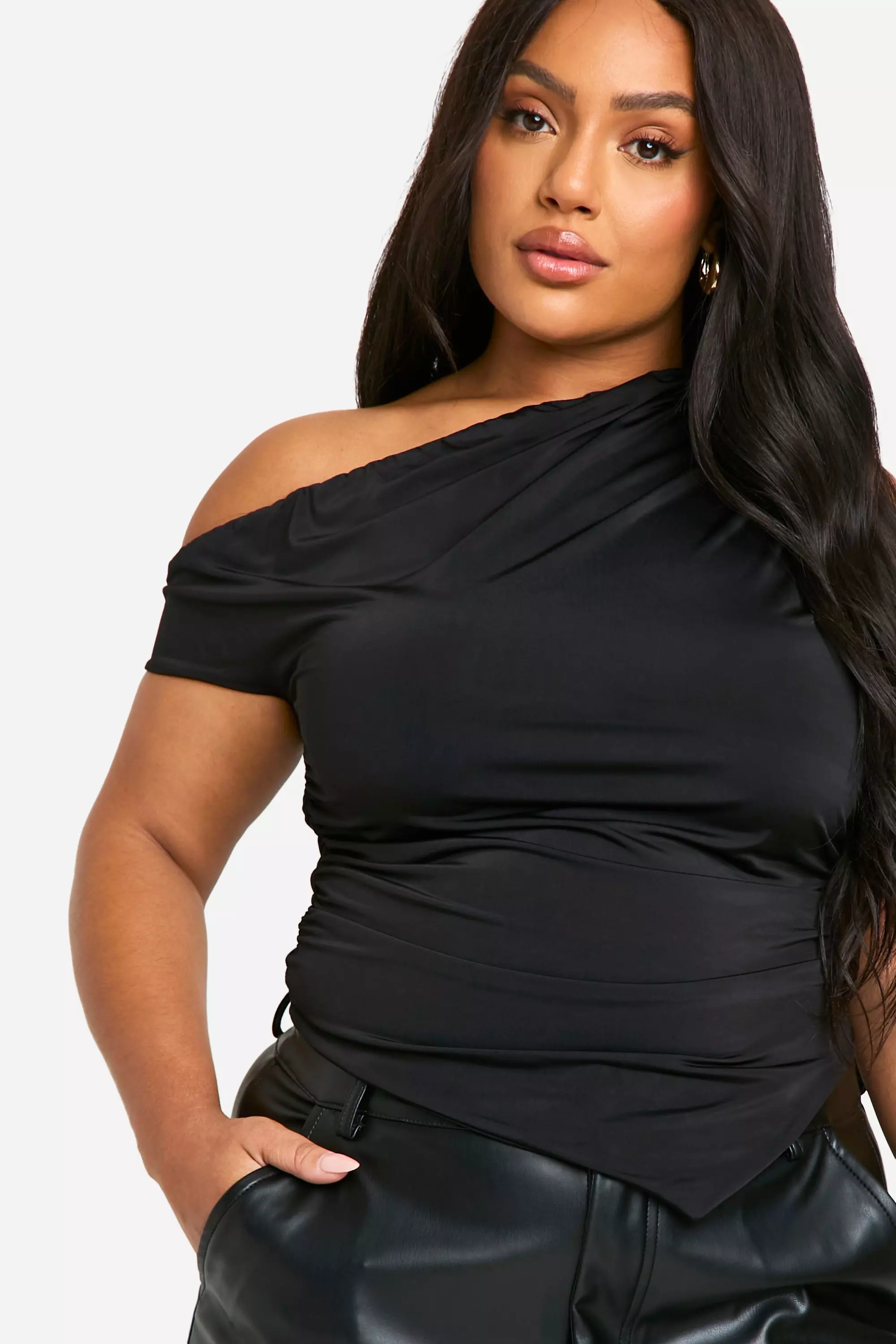 Black Plus Double Slinky Asymmetric Neckline Pointed Hem Top alternative image
