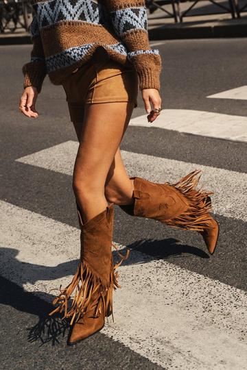 Vintage Look Western Style Tassel Detail Cowboy Boots taupe